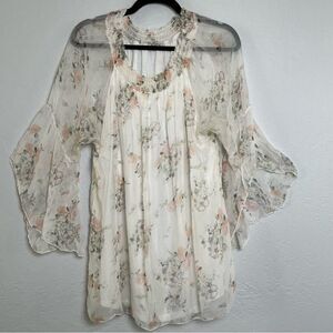Women's Silk Floral Bell Sleeve Blouse XL Cottagecore Soft Girl Feminine